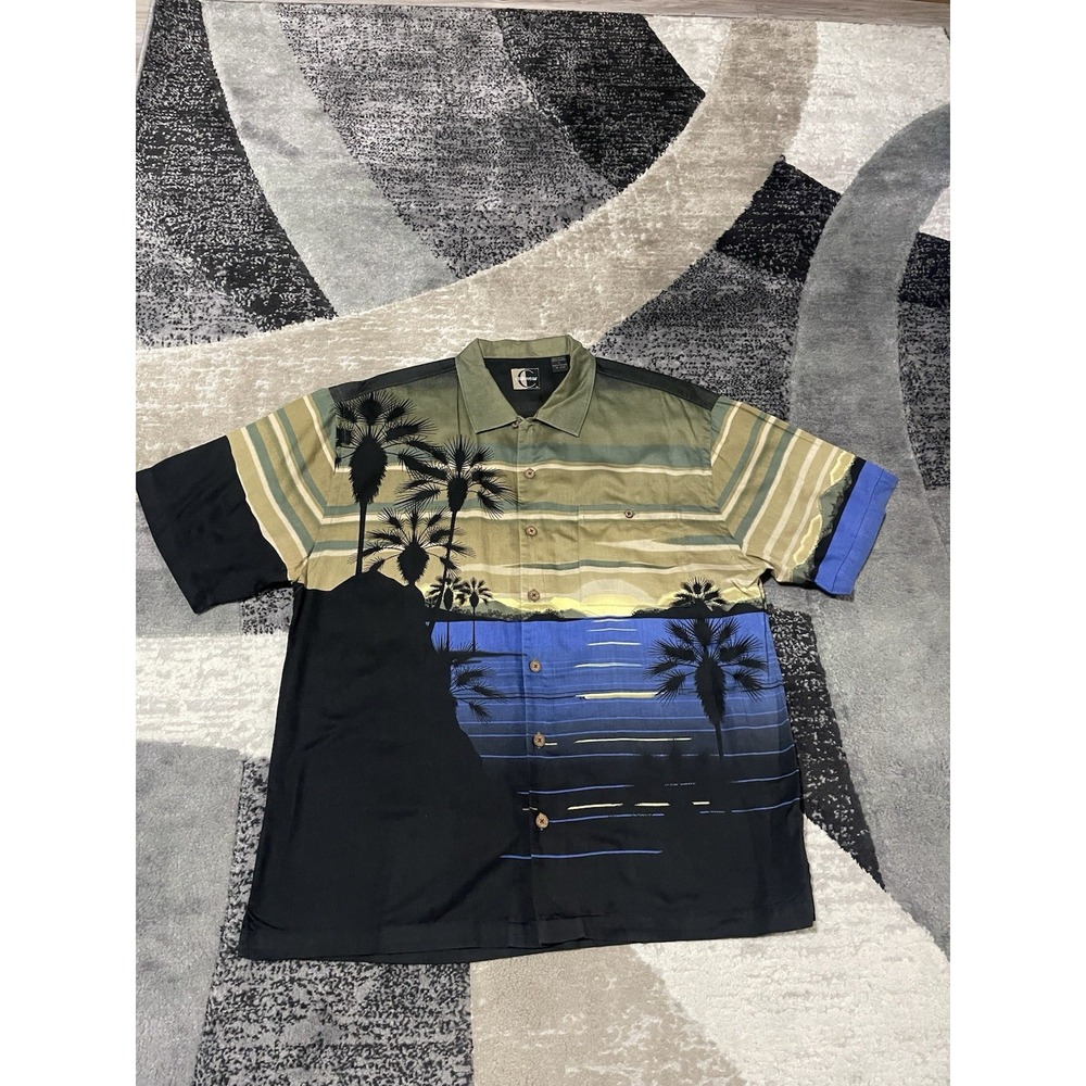 VTG Chillwear Hawaiian Shirt Men Large Green Black Loop Collar Camp Beach Button